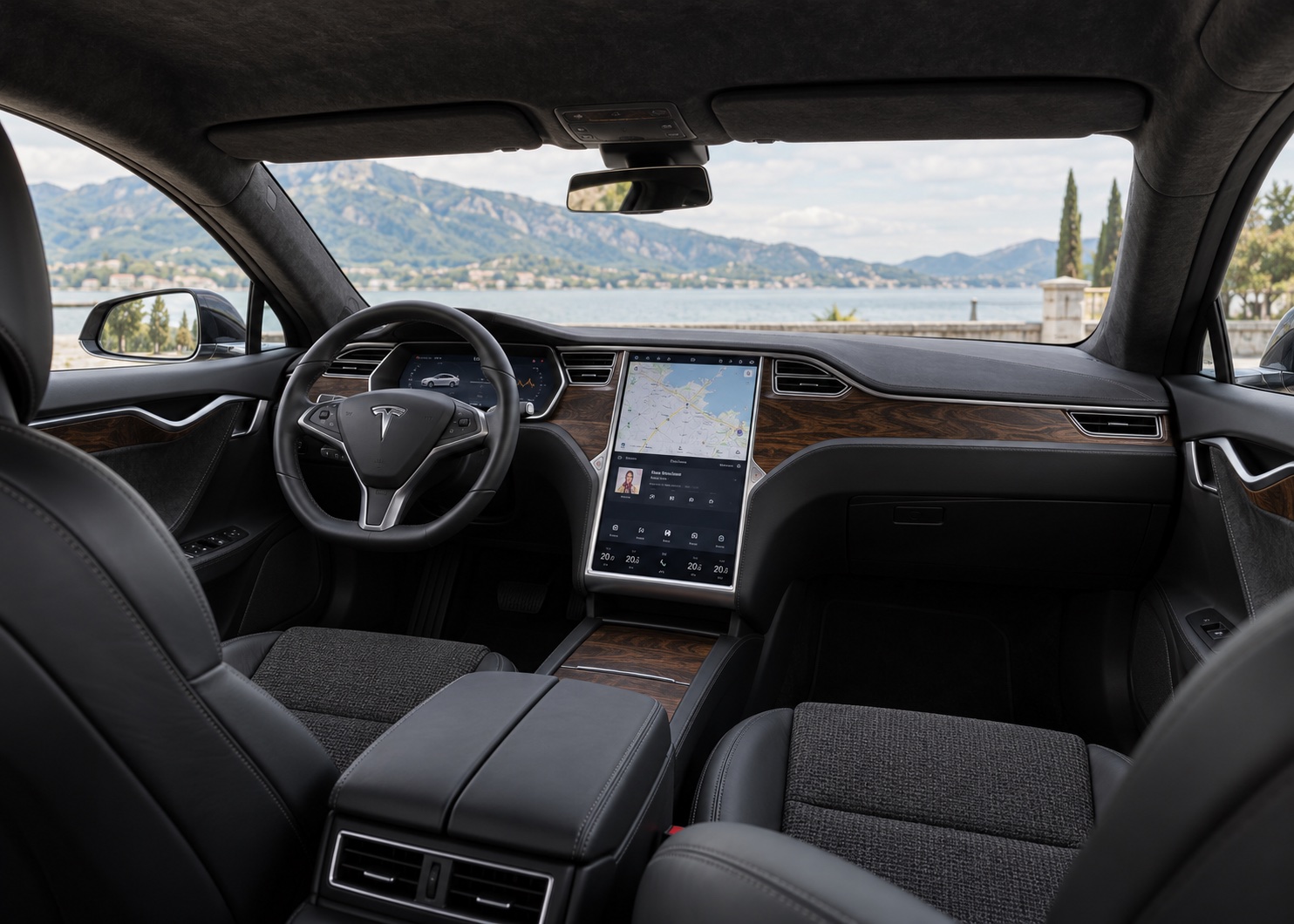 Interiér Tesla Model S 2017 s tmavým drevom, kombinovanými sedačkami a čiernym alcantarovým stropom